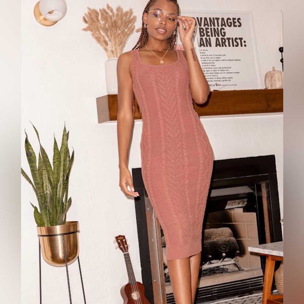 Lulu's Dusty Rose Cable-Knit Midi Dress